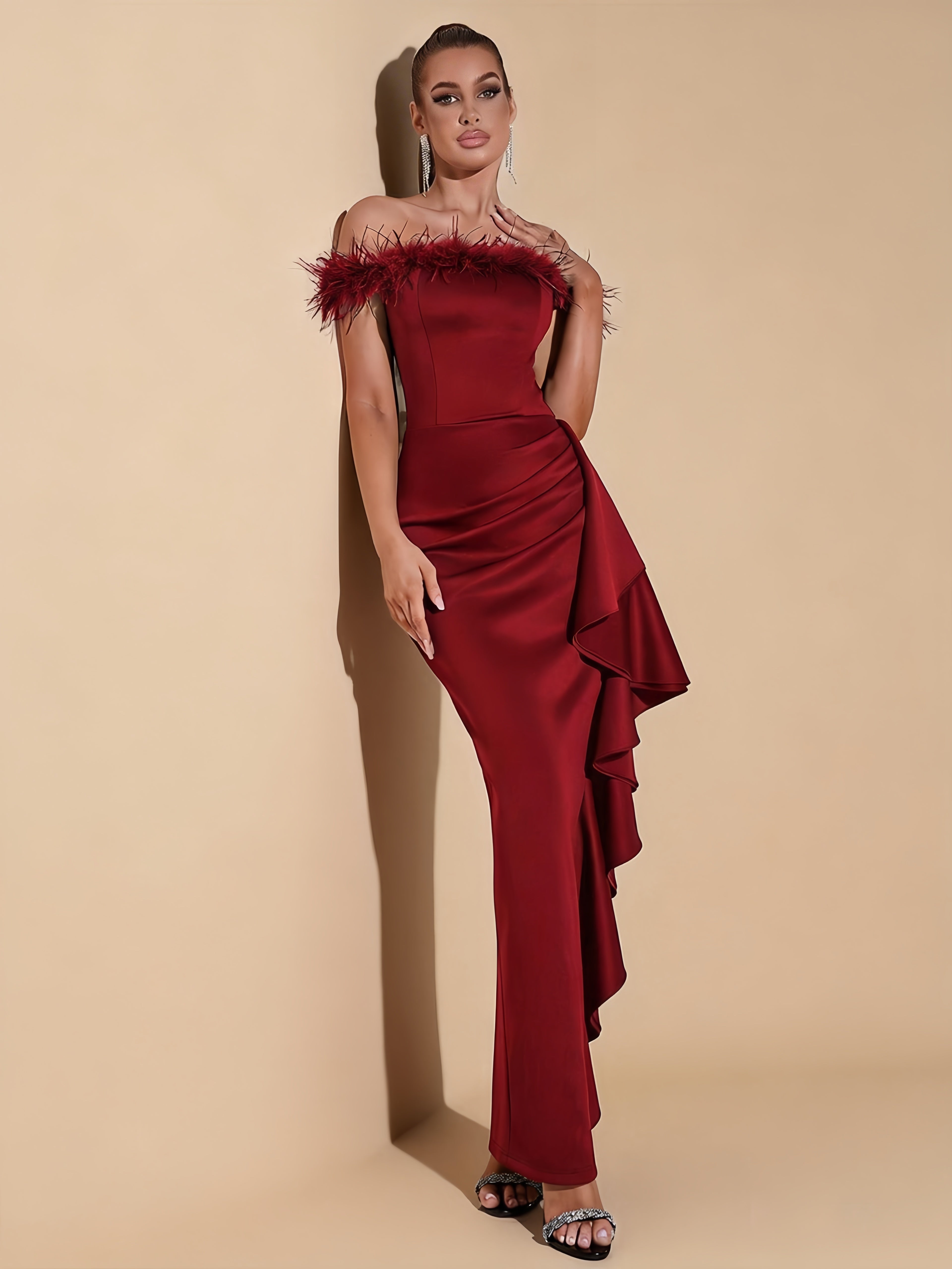 Ryder Red Off-Shoulder Feather Trim Ruffle Dress