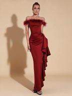 Ryder Red Off-Shoulder Feather Trim Ruffle Dress