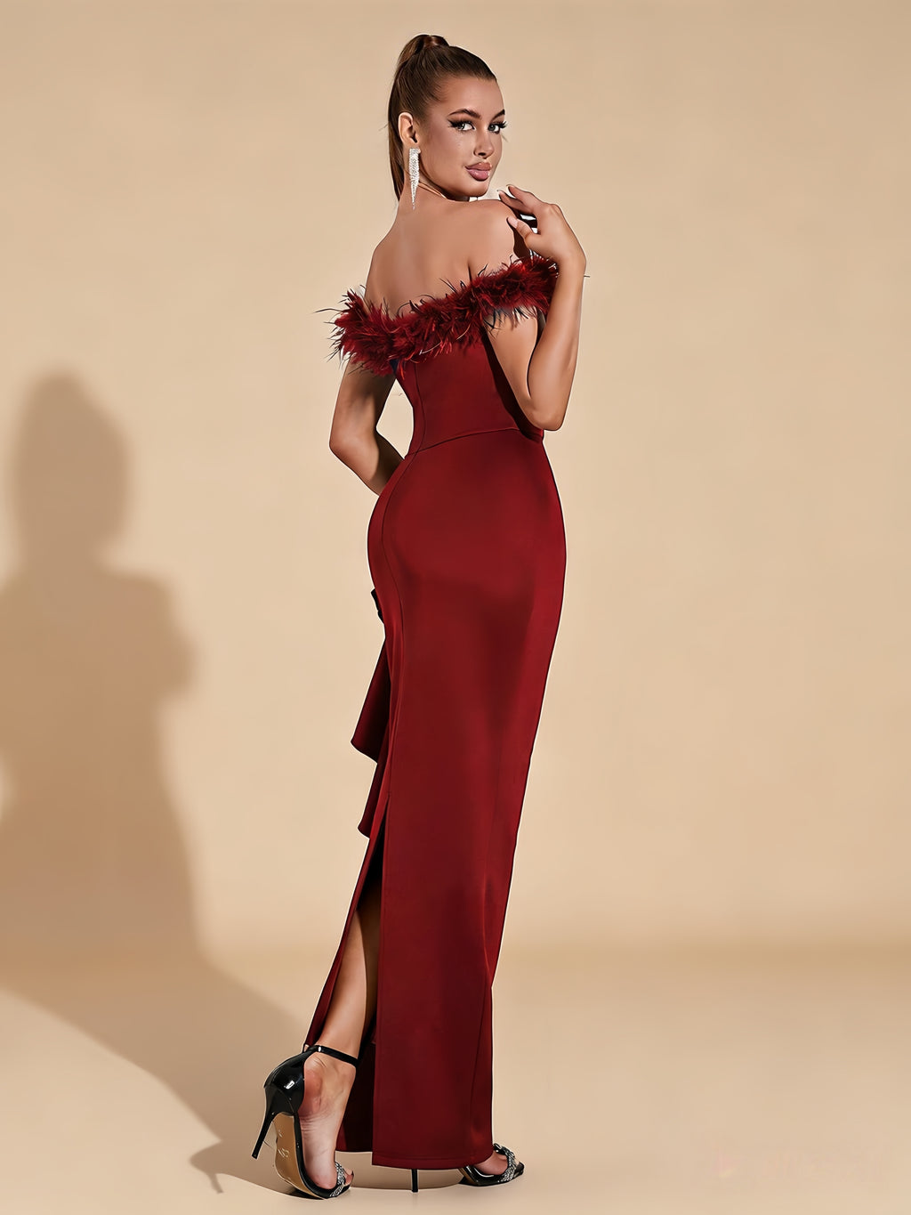 Ryder Red Off-Shoulder Feather Trim Ruffle Dress