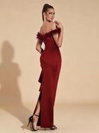 Ryder Red Off-Shoulder Feather Trim Ruffle Dress