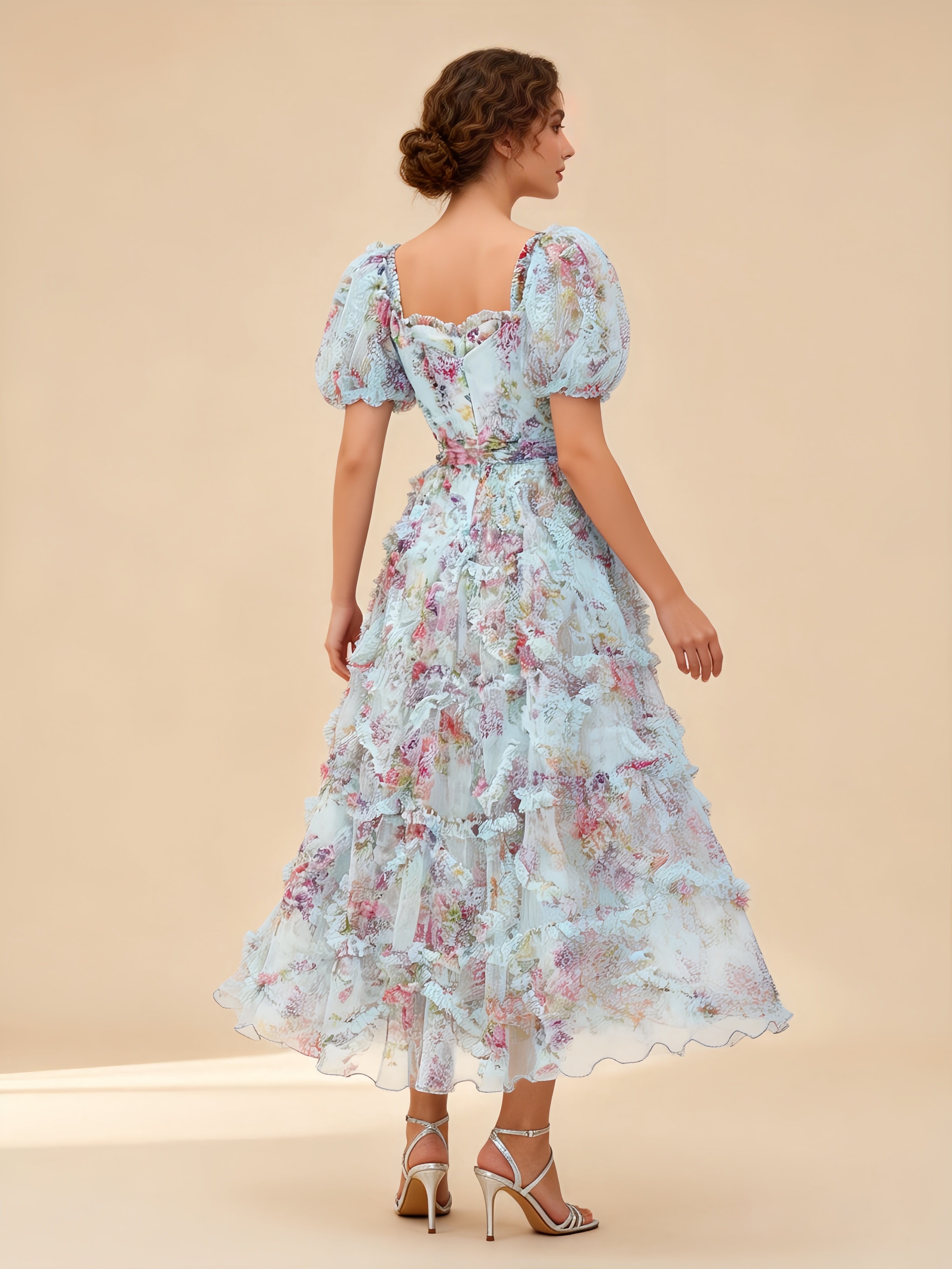 Sada Bubble Sleeve Mesh Floral Maxi Dress In Blue Secondary image