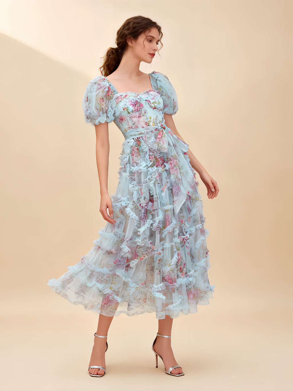 Sada Bubble Sleeve Mesh Floral Maxi Dress In Blue