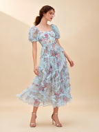 Sada Bubble Sleeve Mesh Floral Maxi Dress In Blue