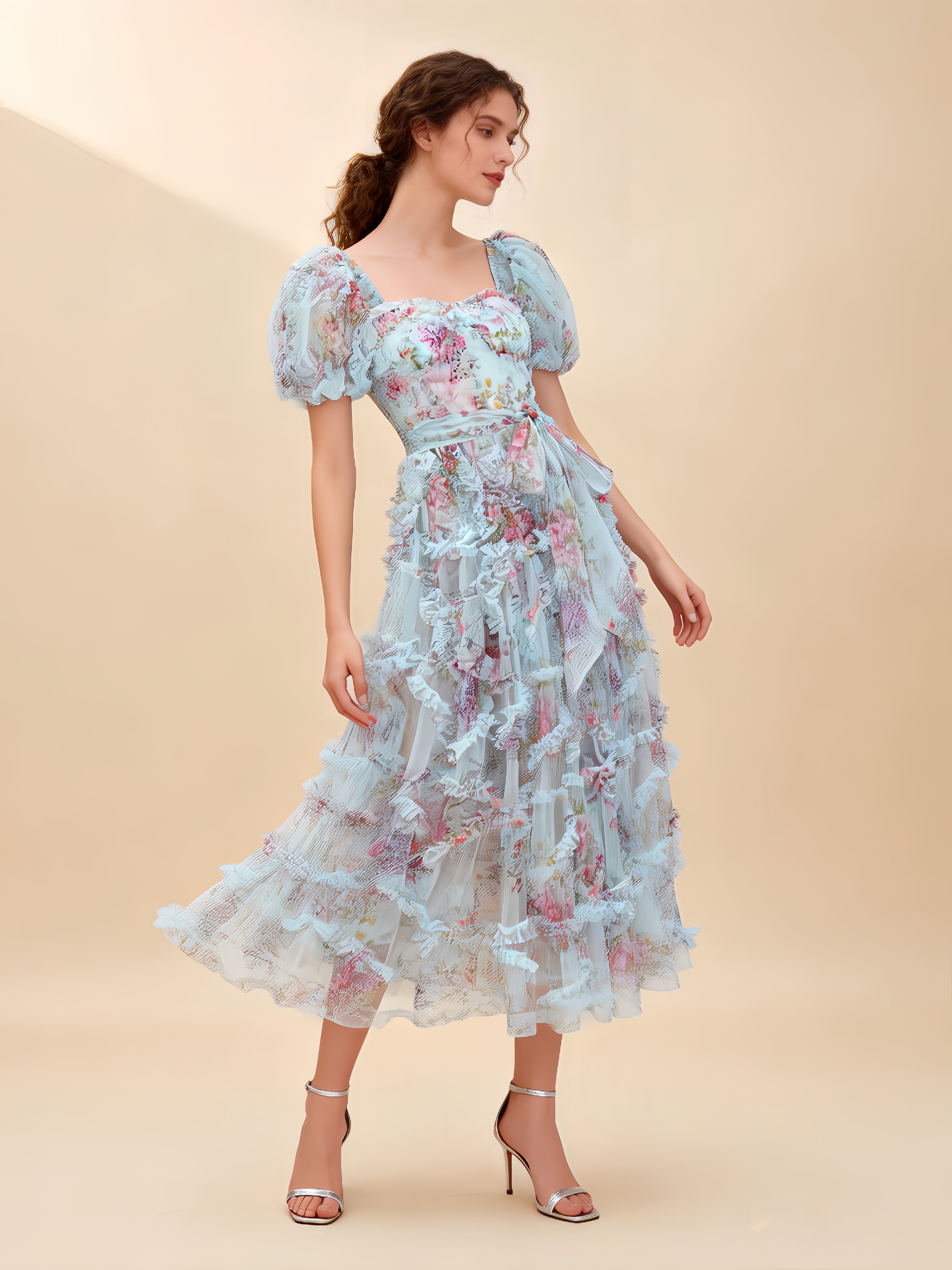 Sada Bubble Sleeve Mesh Floral Maxi Dress In Blue