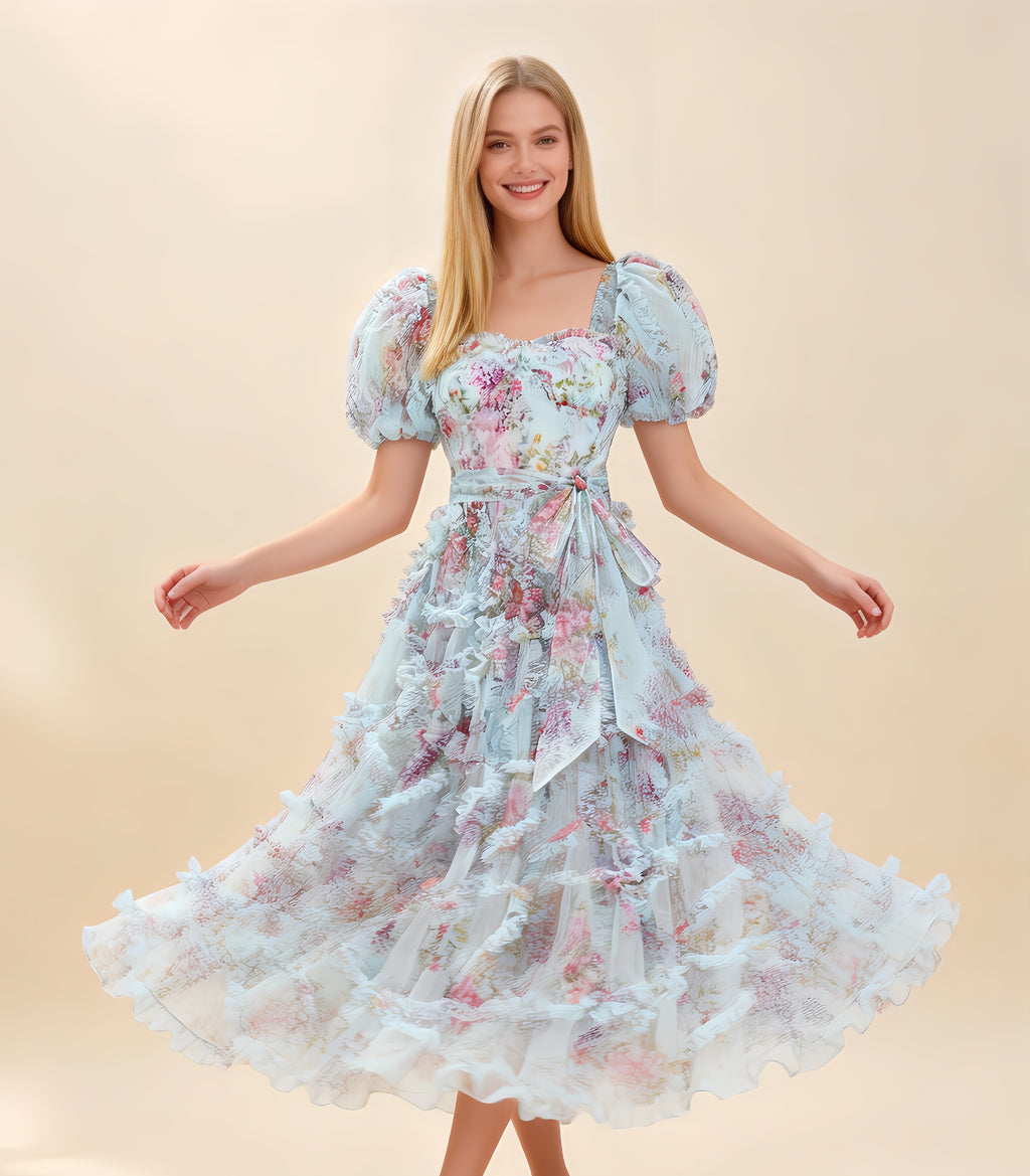 Sada Bubble Sleeve Mesh Floral Maxi Dress In Blue