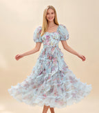 Sada Bubble Sleeve Mesh Floral Maxi Dress In Blue