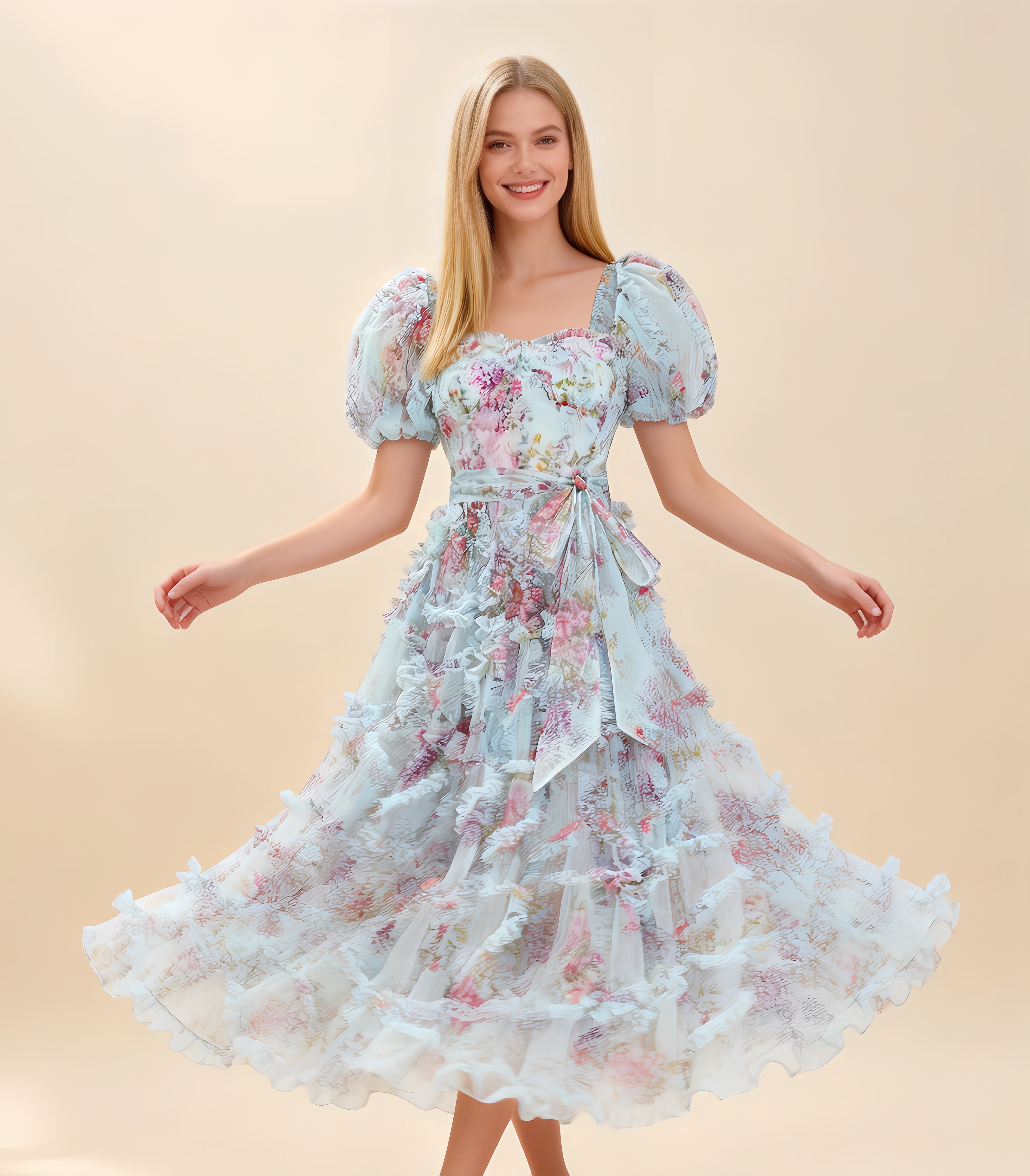 Sada Bubble Sleeve Mesh Floral Maxi Dress In Blue
