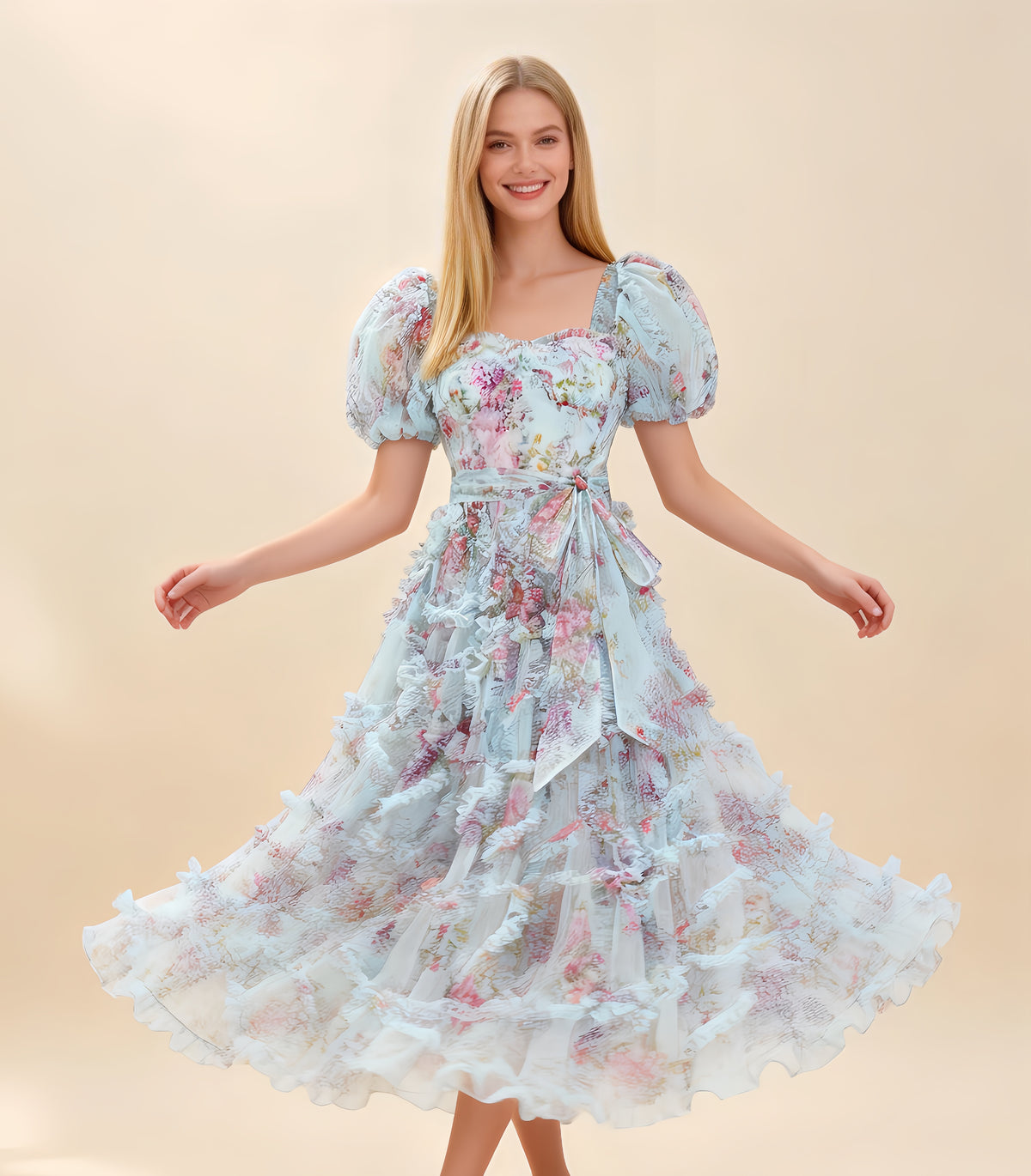 Sada Bubble Sleeve Mesh Floral Maxi Dress In Blue