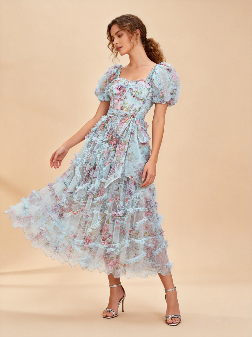 Sada Bubble Sleeve Mesh Floral Maxi Dress In Blue