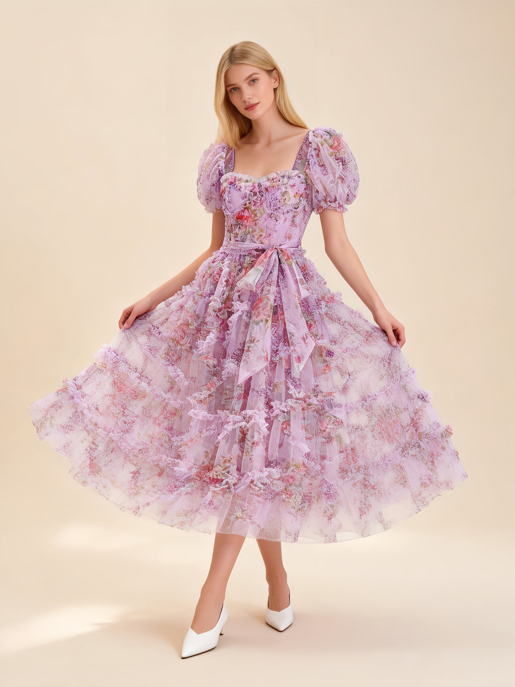 Sada Bubble Sleeve Mesh Floral Maxi Dress In Purple