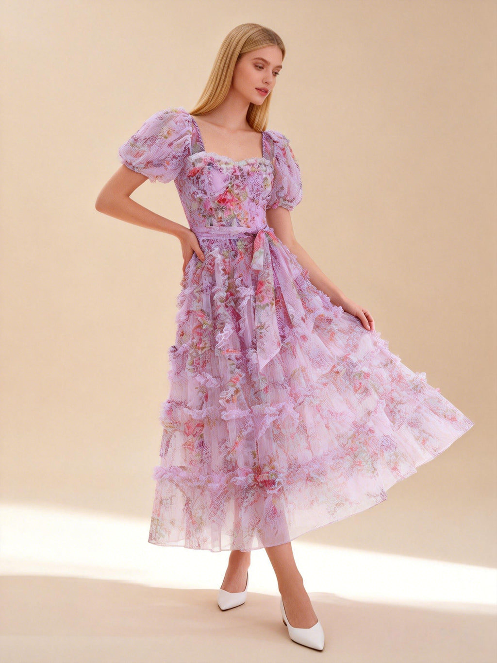 Sada Bubble Sleeve Mesh Floral Maxi Dress In Purple