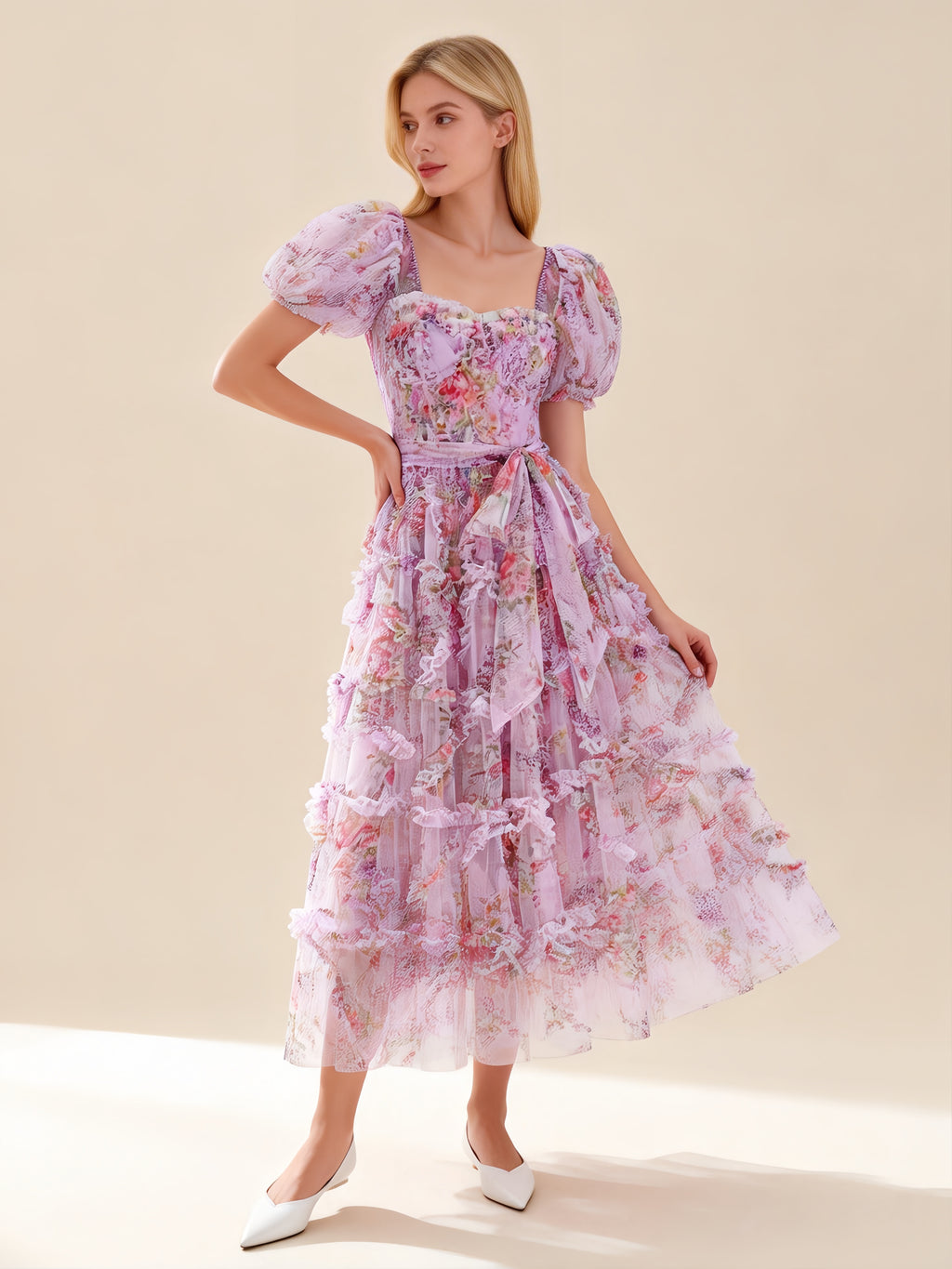 Sada Bubble Sleeve Mesh Floral Maxi Dress In Purple