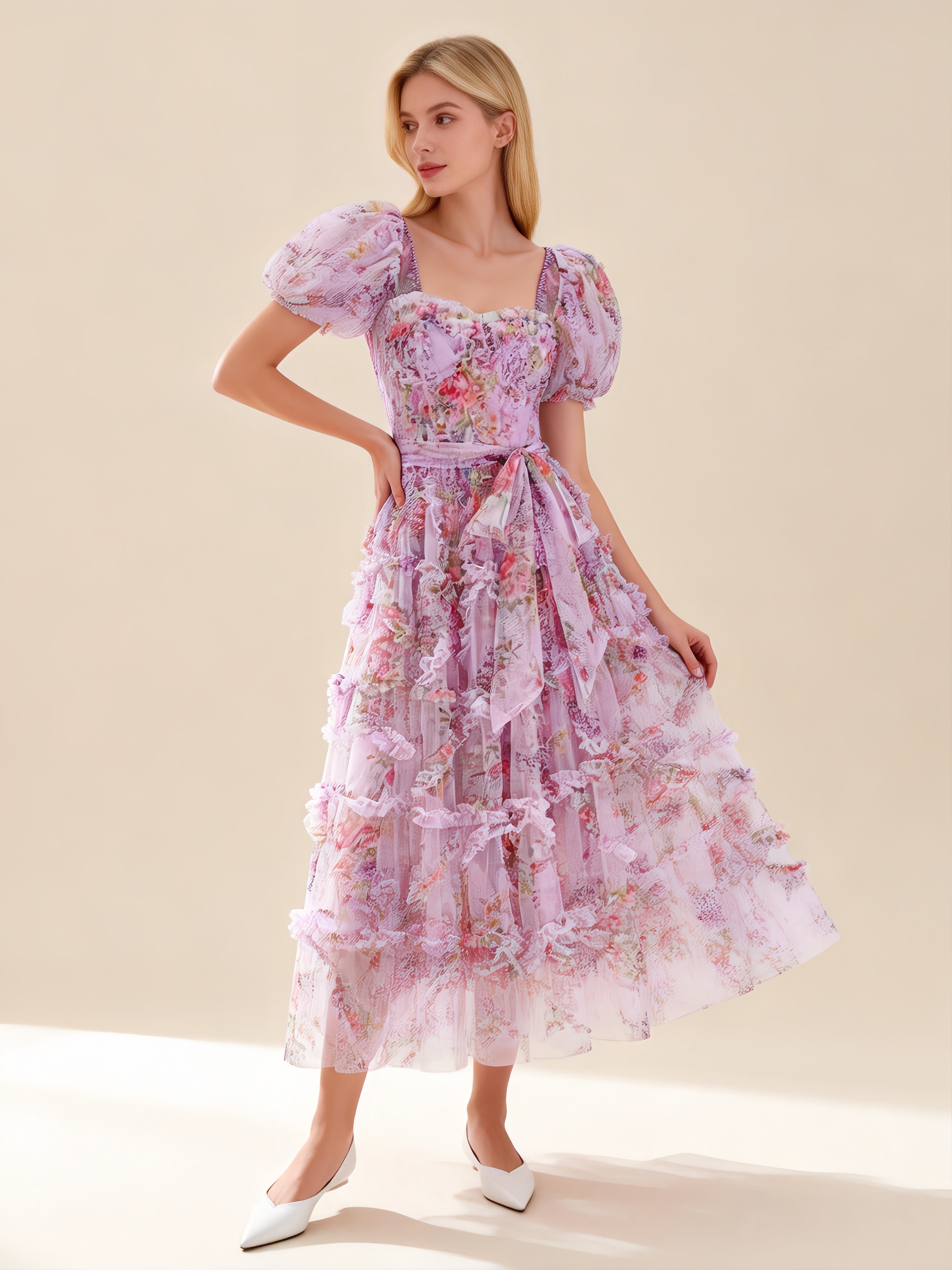 Sada Bubble Sleeve Mesh Floral Maxi Dress In Purple
