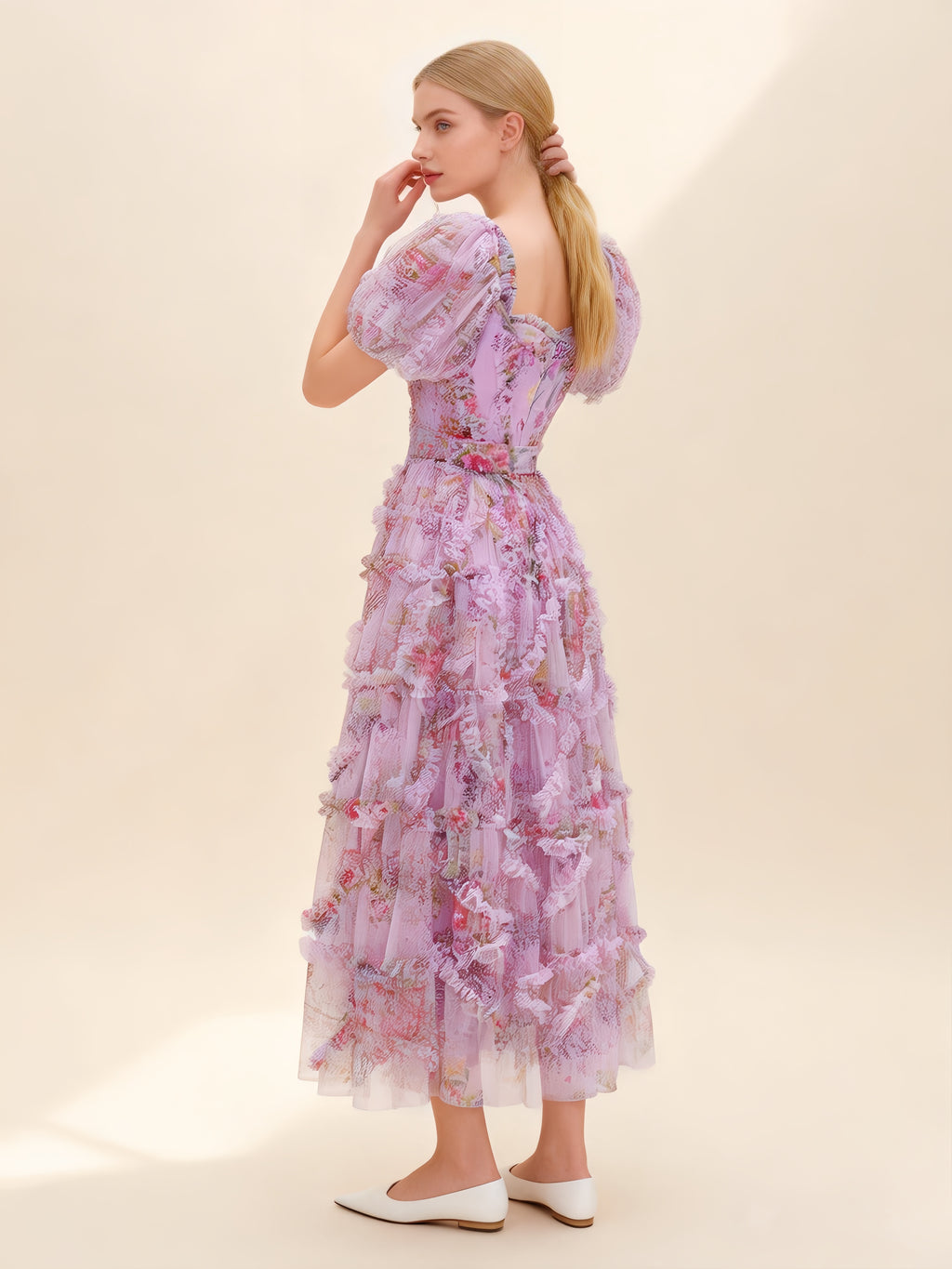 Sada Bubble Sleeve Mesh Floral Maxi Dress In Purple