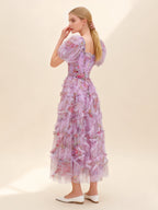 Sada Bubble Sleeve Mesh Floral Maxi Dress In Purple