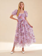 Sada Bubble Sleeve Mesh Floral Maxi Dress In Purple