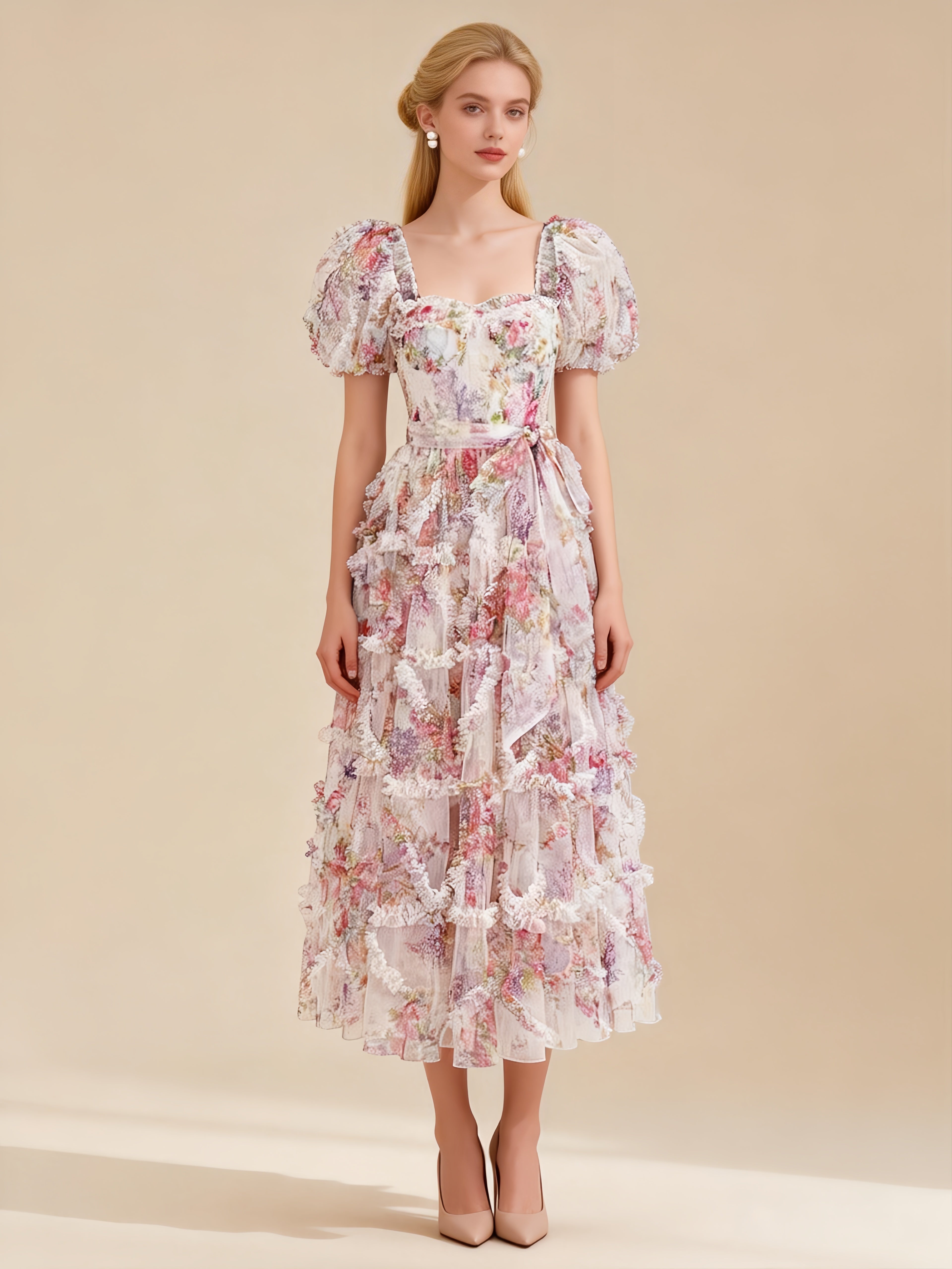 Sada Bubble Sleeve Mesh Floral Maxi Dress In White Main image