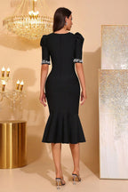 Salome Black Rhinestone Short-Sleeve Bandage Midi Dress