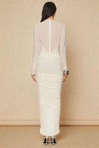 Sebastian White Sheer Patchwork Pleated Maxi Dress