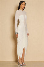 Sebastian White Sheer Patchwork Pleated Maxi Dress