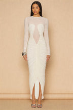 Sebastian White Sheer Patchwork Pleated Maxi Dress