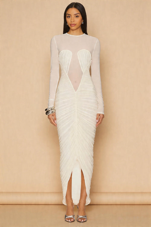 Sebastian White Sheer Patchwork Pleated Maxi Dress