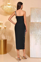 Selene Black One-Shoulder Rhinestone Bandage Midi Dress
