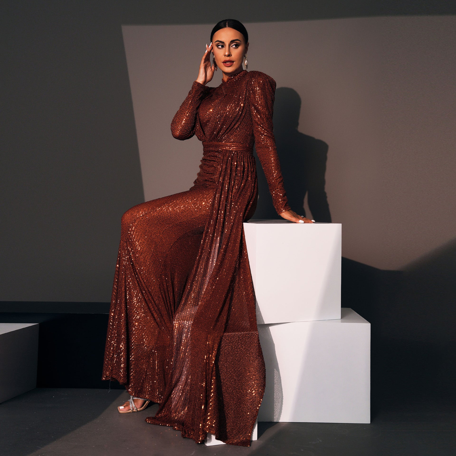 Dacia Sequin Long Sleeve Maxi Dress In Brown