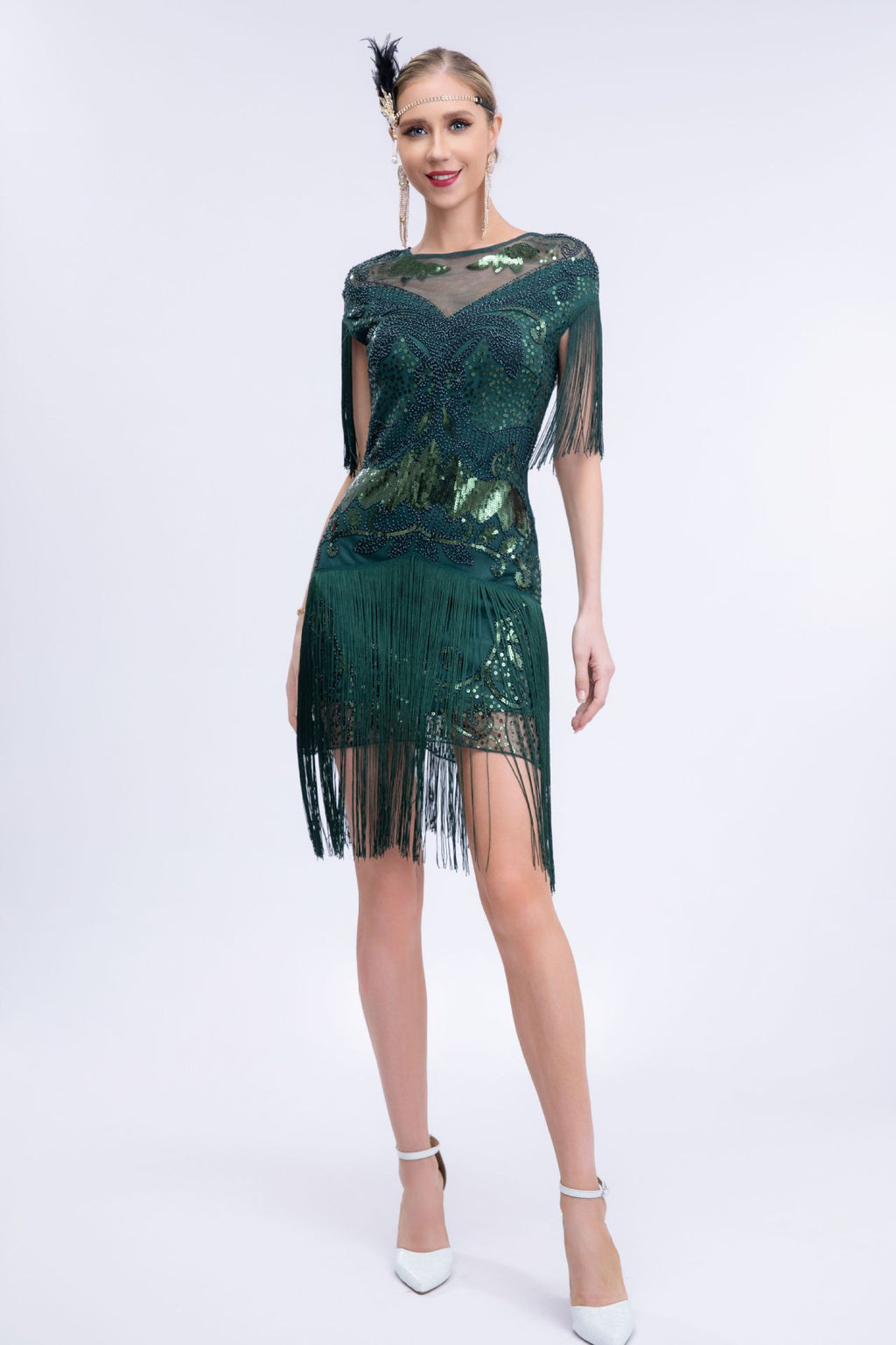 Ariana Sequin Tassel Evening Dress In Green