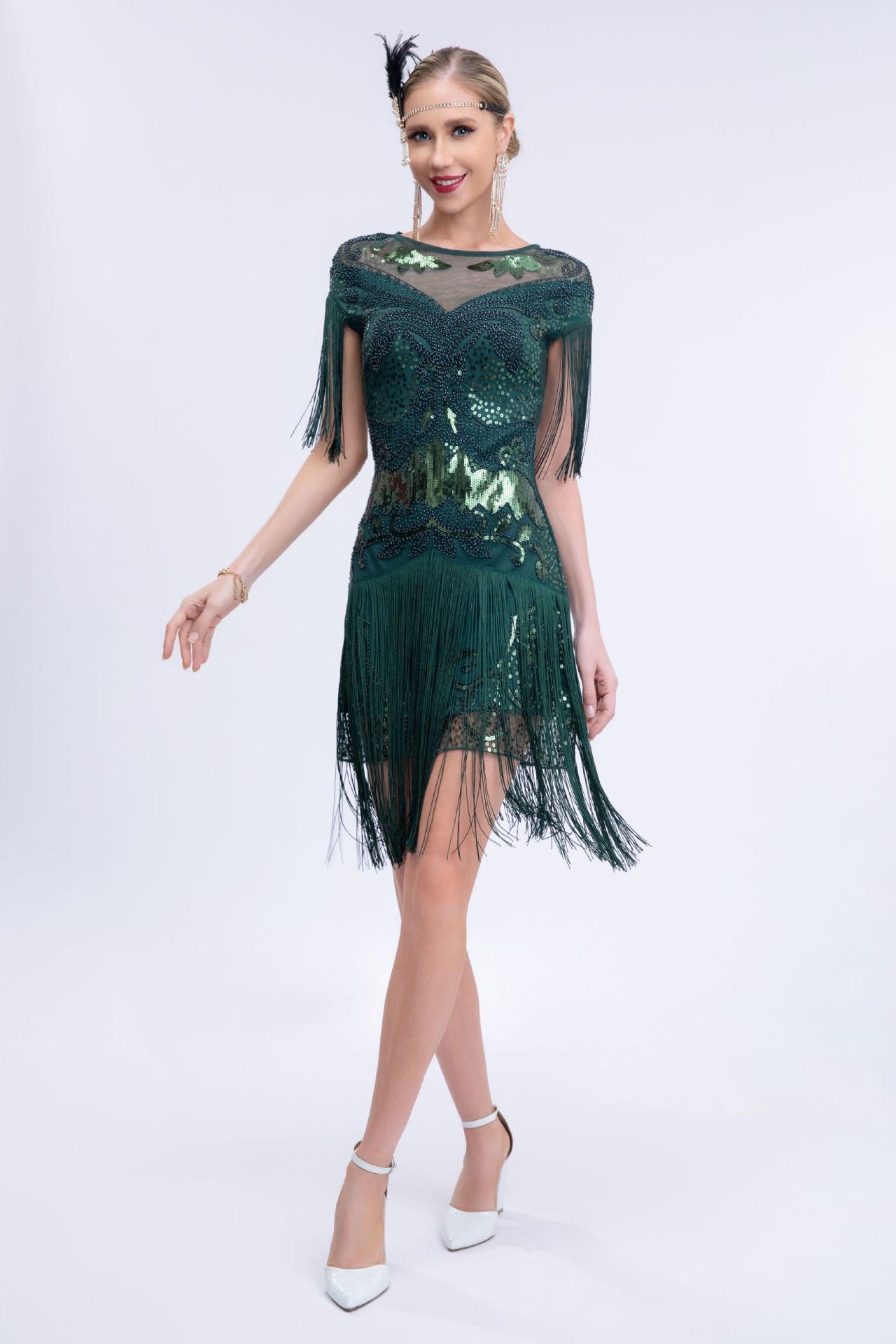 Ariana Sequin Tassel Evening Dress In Green