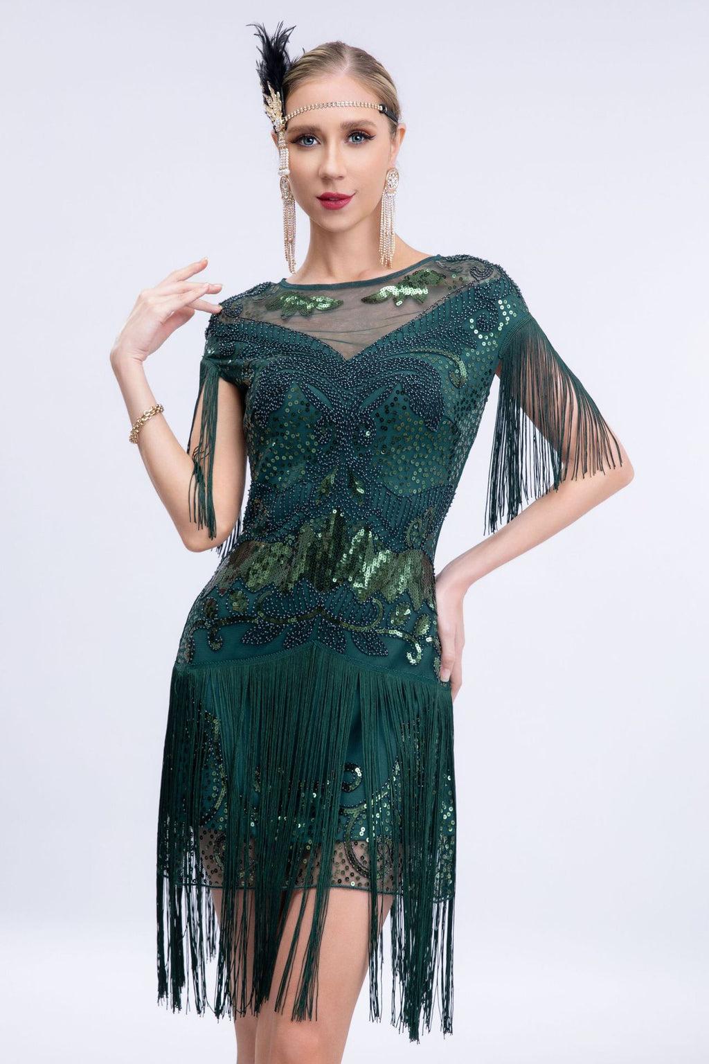 Ariana Sequin Tassel Evening Dress In Green