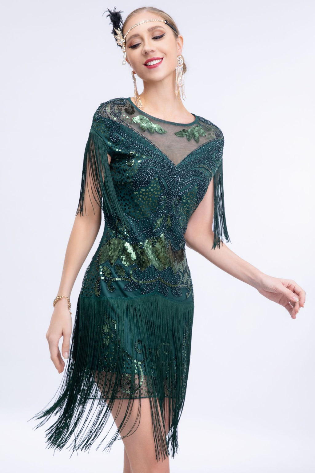 Ariana Sequin Tassel Evening Dress In Green
