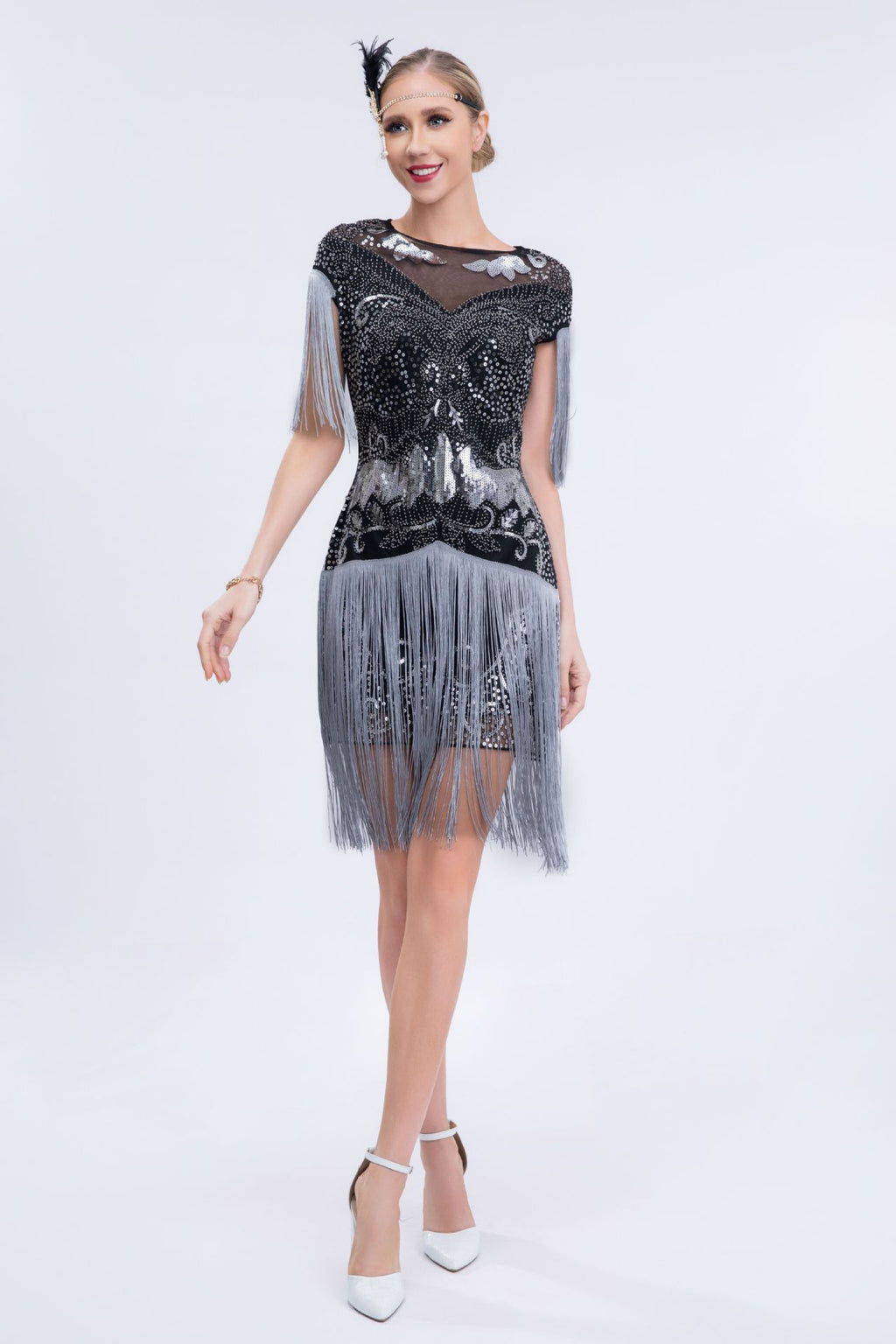 Ariana Sequin Tassel Evening Dress In Gray