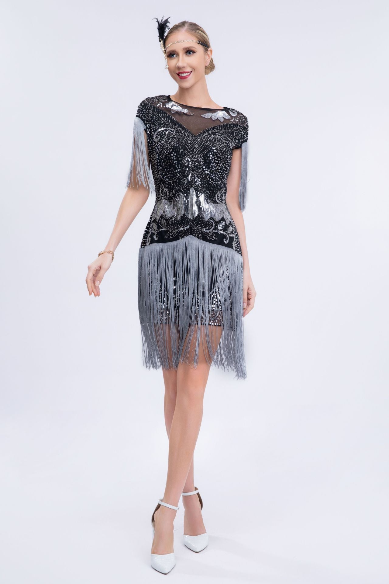 Ariana Sequin Tassel Evening Dress In Gray
