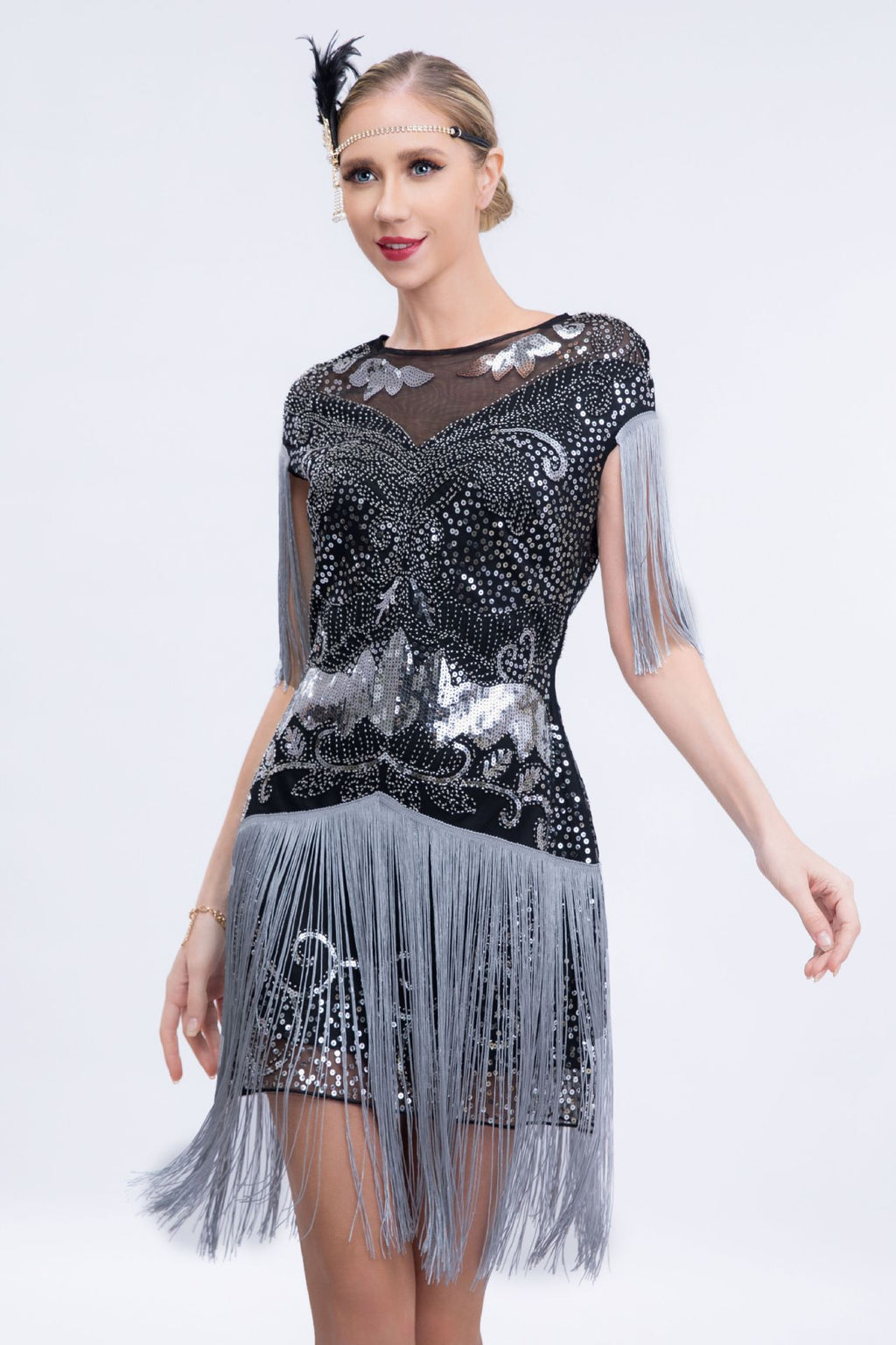 Ariana Sequin Tassel Evening Dress In Gray