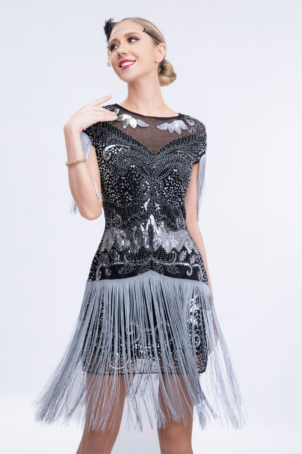 Ariana Sequin Tassel Evening Dress In Gray