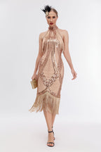 Emilia Sequin Tassel Halter Neck Evening Dress In Apricot