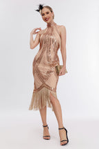 Emilia Sequin Tassel Halter Neck Evening Dress In Apricot