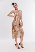 Emilia Sequin Tassel Halter Neck Evening Dress In Apricot