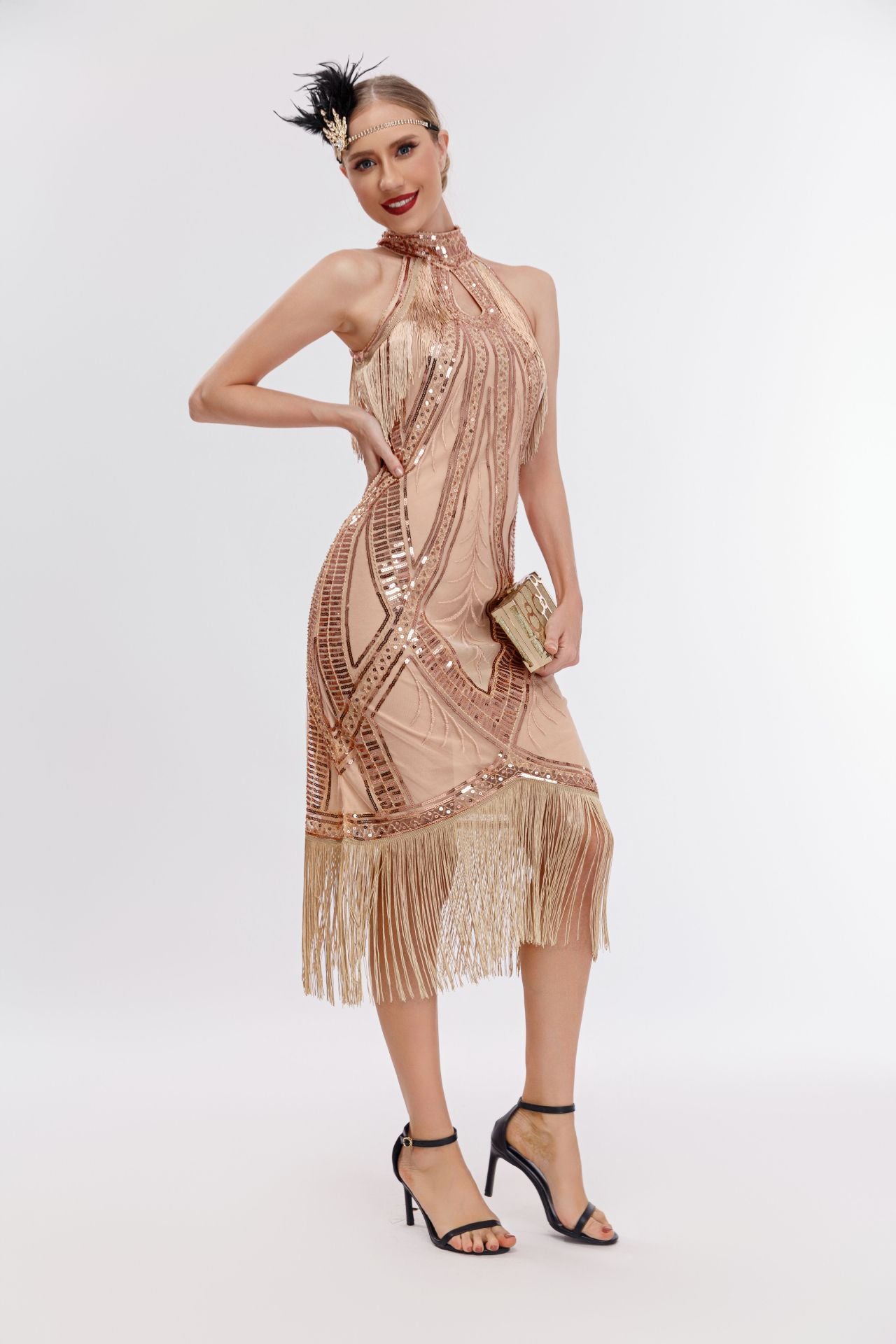 Emilia Sequin Tassel Halter Neck Evening Dress In Apricot