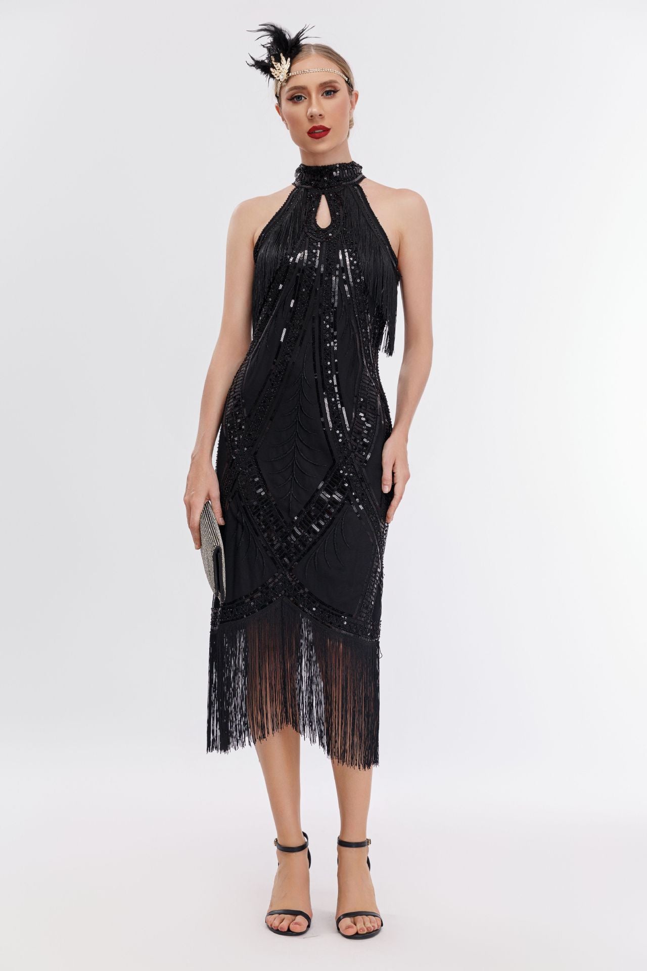 Emilia Sequin Tassel Halter Neck Evening Dress In Black Main image