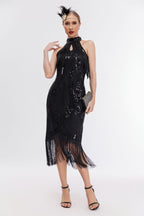 Emilia Sequin Tassel Halter Neck Evening Dress In Black