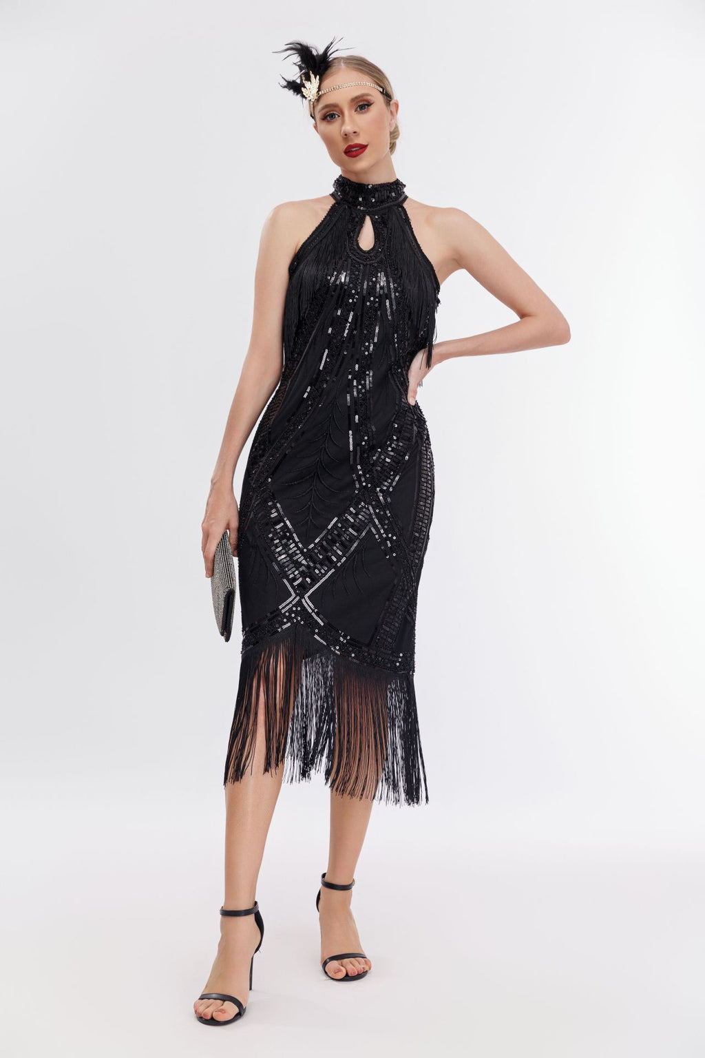 Emilia Sequin Tassel Halter Neck Evening Dress In Black