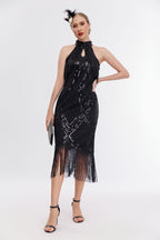 Emilia Sequin Tassel Halter Neck Evening Dress In Black