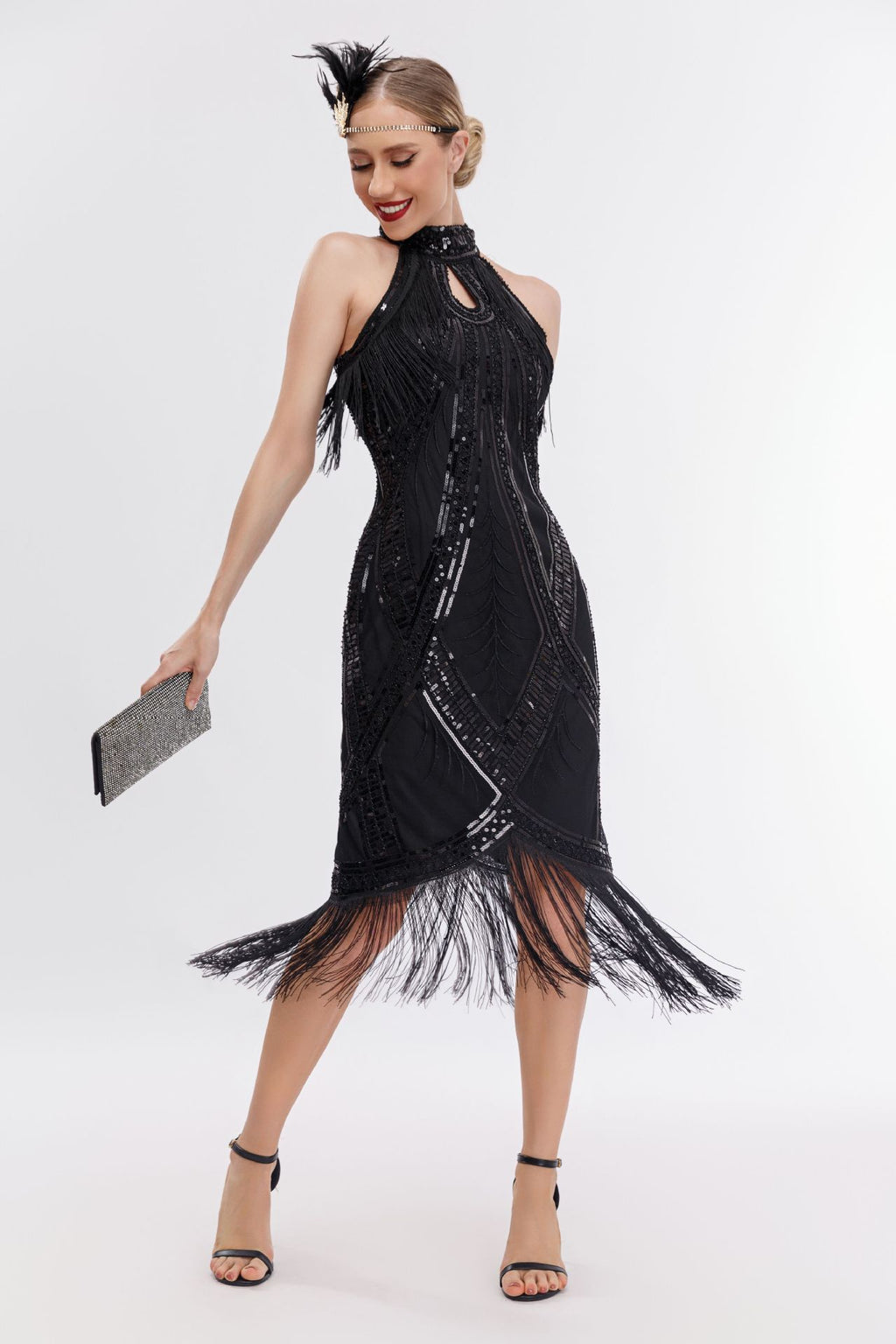 Emilia Sequin Tassel Halter Neck Evening Dress In Black