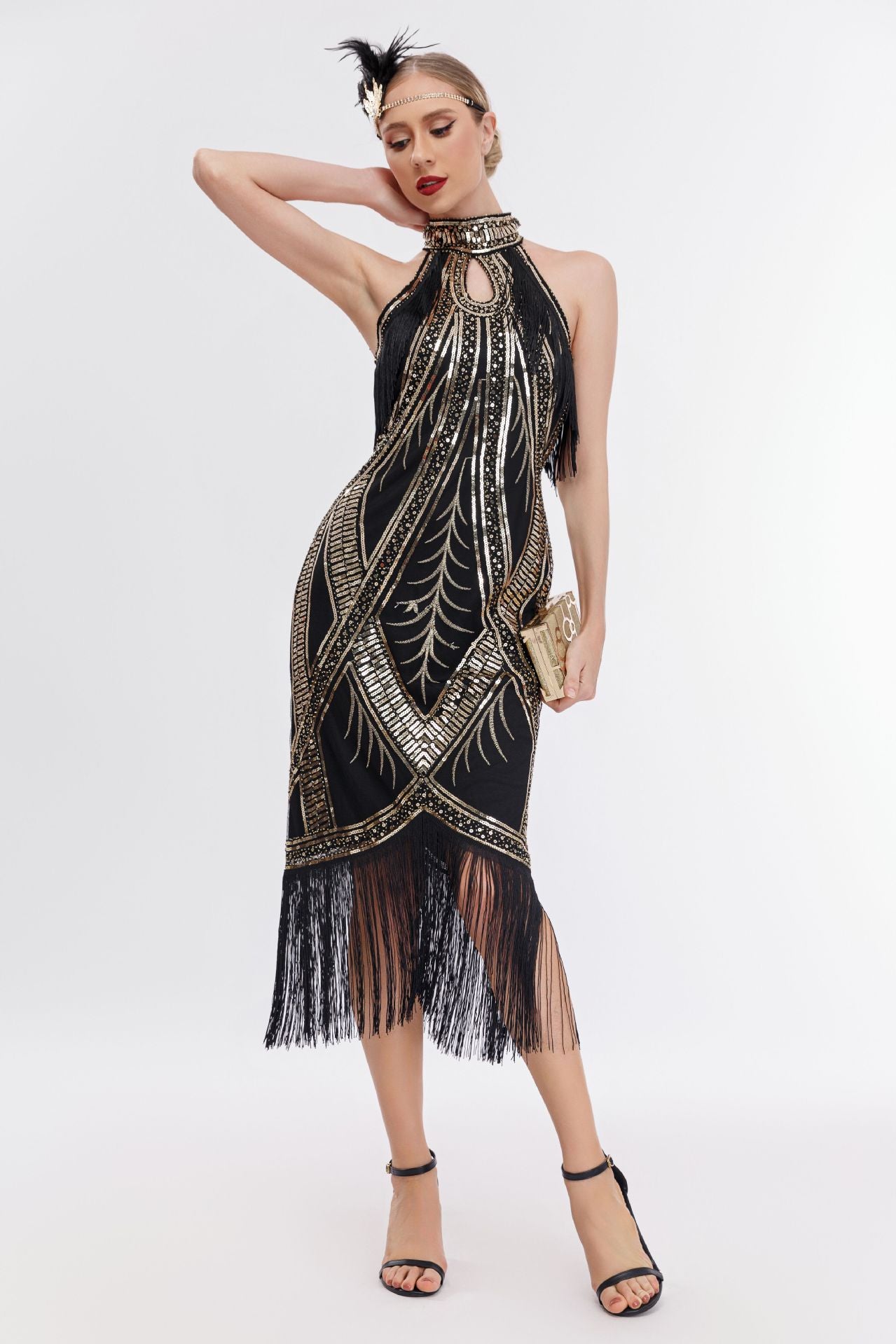 Emilia Sequin Tassel Halter Neck Evening Dress In Blackgold Main image
