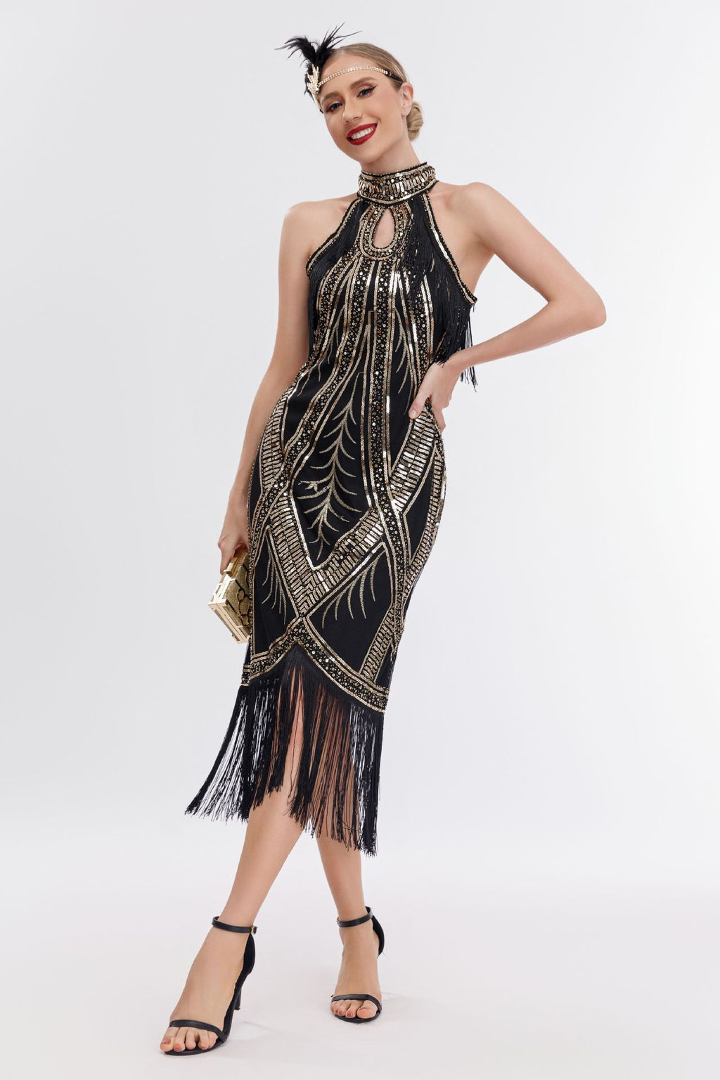 Emilia Sequin Tassel Halter Neck Evening Dress In Blackgold