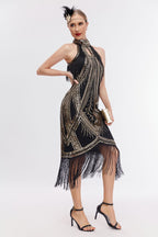 Emilia Sequin Tassel Halter Neck Evening Dress In Blackgold