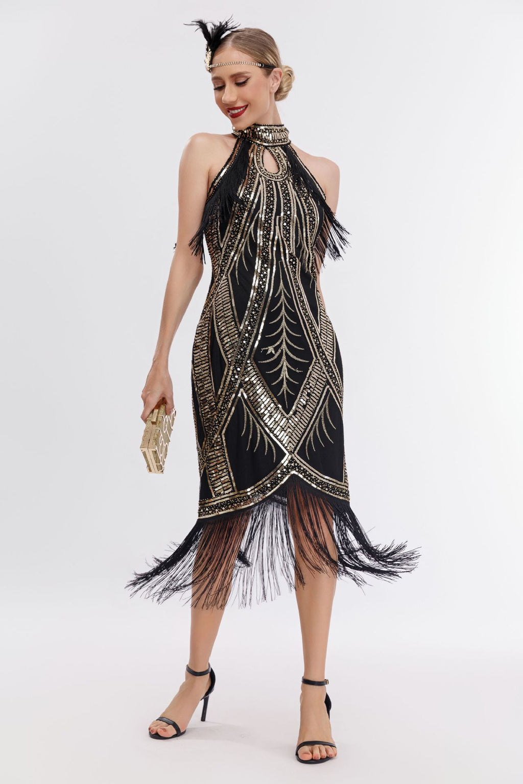 Emilia Sequin Tassel Halter Neck Evening Dress In Blackgold