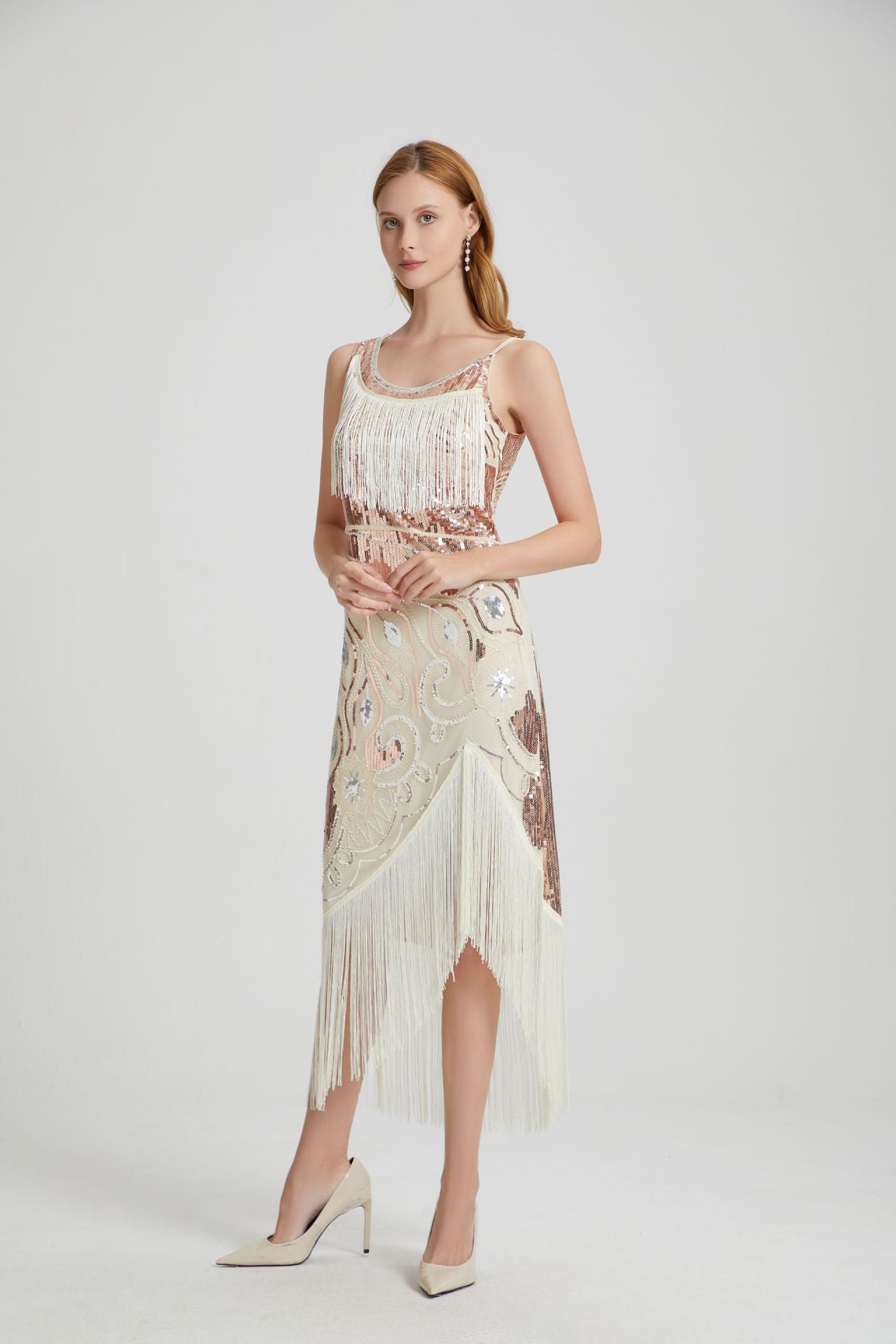 Luca Sequin Tassel Midi Evening Dress  In Beige